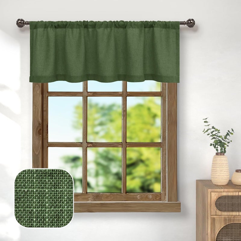 Pitalk Olive Green Boho Window Valance for Kitchen 3 Inch Rod Pocket Semi Sheer Light Filtering Farmhouse Dark Green Linen Valance Curtain Topper for Bedroom Living Room Bathroom 18 Inch Length Loden - Image 1